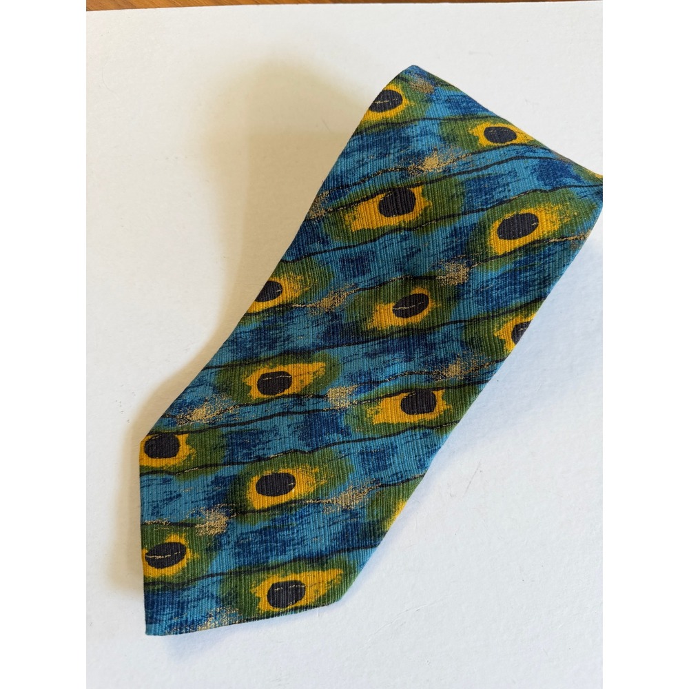 Bugatchi Uomo Silk Tie Blue Green Yellow Peacock Print Made in Italy Maximalist
